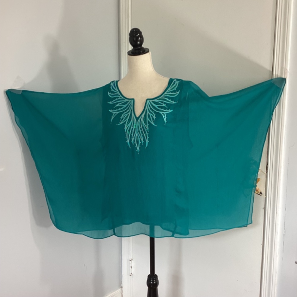 VTG BOB MACKIE WEARABLE ART SZ LARGE TEAL BATWING TOP BLOUSE SEQUINS EMBROIDERY - Picture 8 of 9